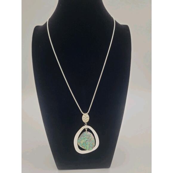 Nine West  Silver Tone Necklace 22" Chain with Abalone Teardrop Pendant - Picture 5 of 6